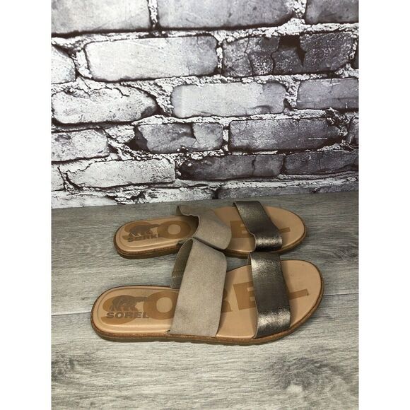 Sorel Taupe Suede Gold Leather Slides Sandals Women Sz 8.5M US/39.5EU - Picture 13 of 16